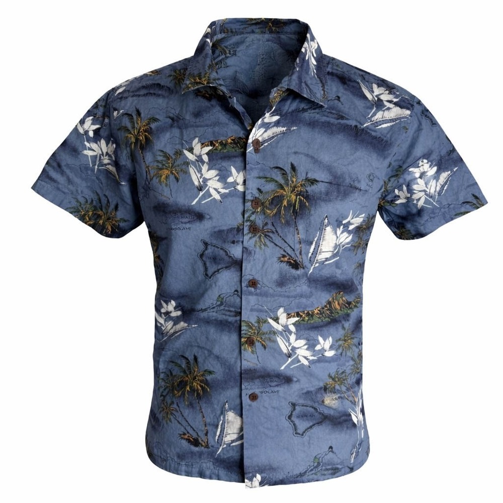 Palmwave Hawaiian Aloha Shirt Large Floral Palm Trees Islands Dark Blue Green